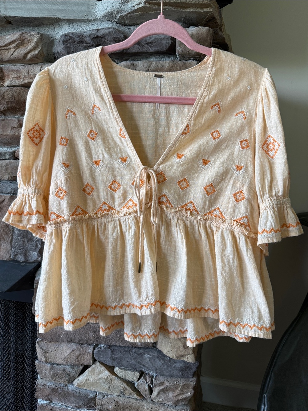 Free People Embroidered Peach Peplum Tie-Front Blouse with Orange Embroidery